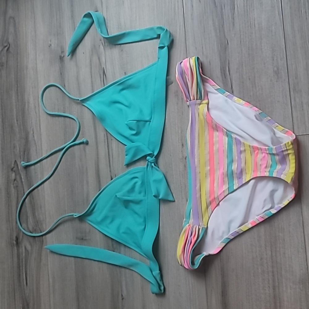 Victoria's Secret Vintage Bikini 👙 Top Teal Size Large Bottoms Striped Size Med